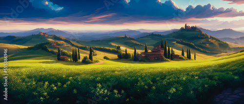 Beauty of a vineyard in Tuscany. Rolling hills covered in lush green grapevines stretch out as far as the eye can see, with the warm sunlight. Generative AI