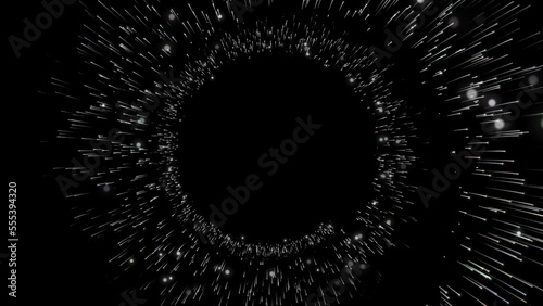 Rotating spiral tunnel of bright rays on black background. Abstract festive backdrop for advertise, text, Valentine, Christmas. Science concept. Cosmic Miracle. 3D render