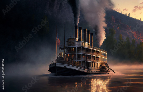 old steamboat with smoke in river. generative ai