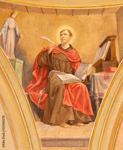 VARALLO, ITALY - JULY 17, 2022: The fresco of St. Bonaventure in the church Chiesa di sant Antonio by C. Secchi from 20. cent.