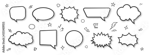 Cartoon empty retro comic style speech bubbles set with black halftone shadows. Hand drawn pop art, vintage speech clouds, thinking bubbles, and conversation text elements. Vector illustration