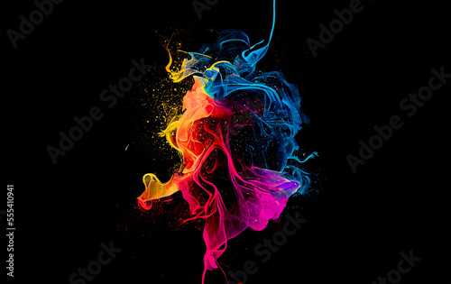 Abstract multicolor fume explosion on black background. Paint clouds on black background illustration. Colorful smoke texture. Generative AI colorfull fume in water illustration.