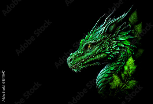 Green dragon head on a black background. Generative AI Illistration of ancient greent forest poison dragon on black background. Dragons background. Place for text.