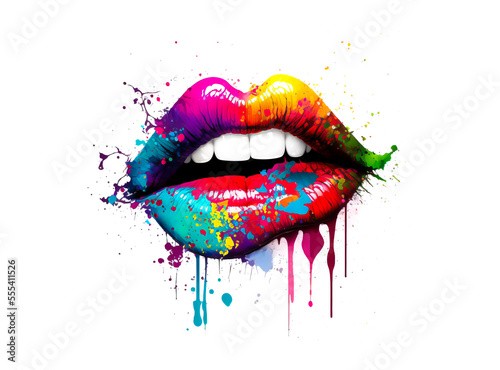 Colorful female lips with paint leaks and drops on white background. Rainbow paint female lips. Generative AI rainbow female lips illustration. Free love or lips cosmetics design concept.