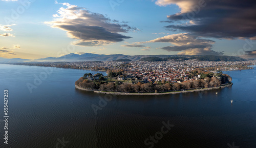 Giannena city Greece, Pamvotida Lake Epirus. Drone, aerial view of Ioannina background.