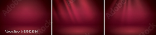 Red studio scene background set. Neutral red background with soft rays. Soft studio lighting. Photostudio soft box lighting.