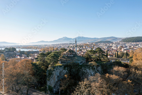 Greece, Ioannina. Aerial drone view of Giannena city and Aslan Pasha mosque