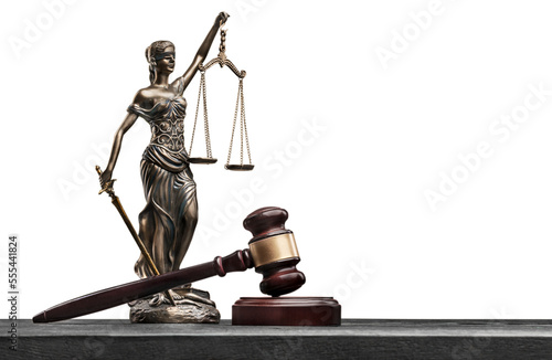 Brown justice statue with scale and wooden gavel