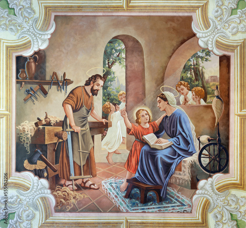 SEBECHLEBY, SLOVAKIA - OKTOBERT 8, 2022: The fresco Holy Family in St. Michael parish church by Jozef Antal (1963).