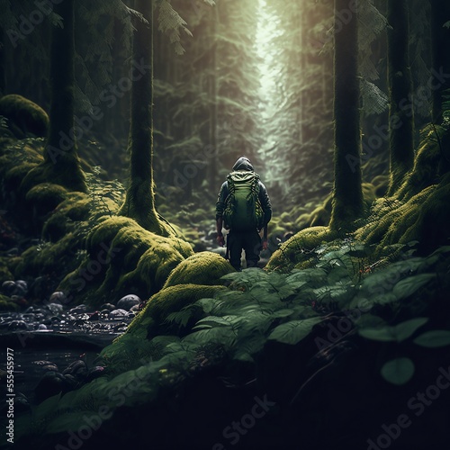 esploratore visto da dietro in mezzo al bosco immerso nella natura