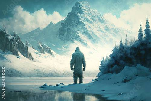 Yeti or Abominable Snowman in snow covered mountain landscape. Generative AI.