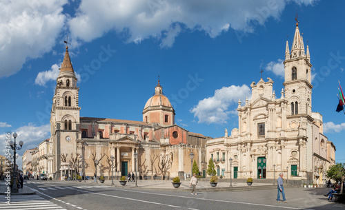 ACIREALE, ITALY - APRIL 11, 2018: The Duomo (Maria Santissima Annunziata) and the church Basilica dei Santi Pietro e Paolo.
