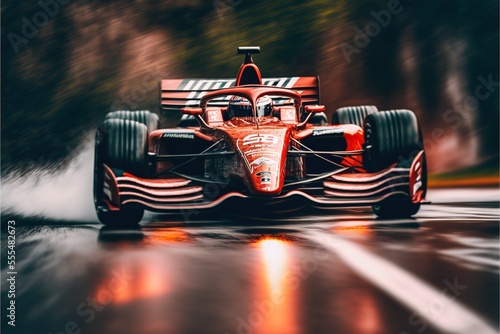  a red race car driving down a wet road with trees in the background and a blurry image of the front of the car. Generative AI