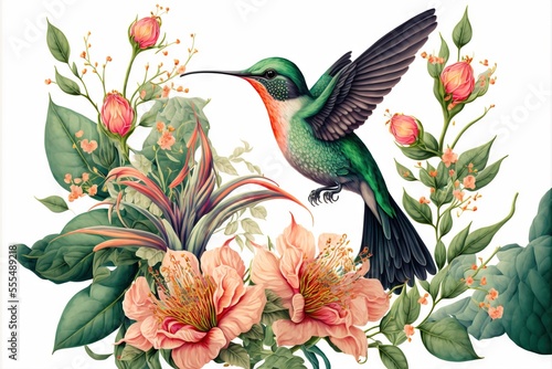  a hummingbird sitting on a branch of a flowery plant with pink flowers and green leaves around it. Generative AI