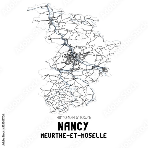 Black and white map of Nancy, Meurthe-et-Moselle, France.