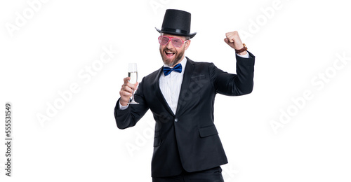 showman partygoer cheering with champagne. partygoer showman isolated on white background.