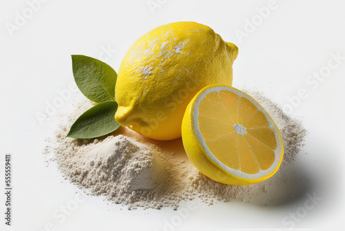 Fresh lemon fruit with sodium bicarbonate powder isolated on a white backdrop. Generative AI
