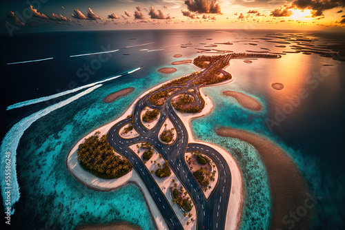 Incredible aerial image of the Maldives island Maldives' Eh'mafushi Crossroads at dawn. Drone aerial footage. Generative AI