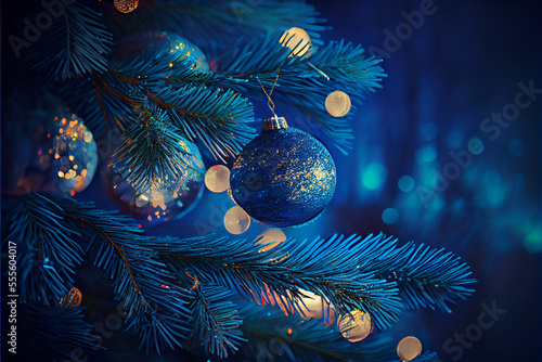 Dark Blue Christmas Tree with defocused lights in abstract nighttime background