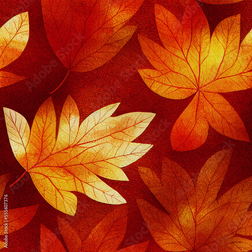 Seamless pattern of autumn fallen leaves. Red-yellow background of golden autumn as a concept of the change of seasons. Leaves of red maple, plane tree, birch.