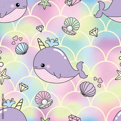 Cute seamless pattern narwhal under the sea with pearl shell and starfish in rainbow colorful.