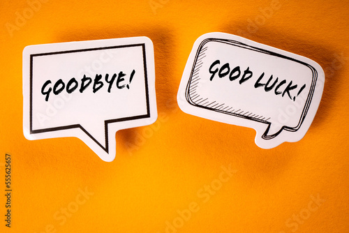 Goodbye and Good Luck. Text on speech bubbles. Yellow background