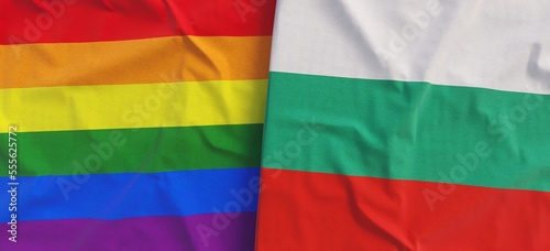 LGBT and Bulgaria flags. Linen flag close-up. Rainbow flag. LGBT community. Bulgarian. Flag made of canvas. 3d illustration.