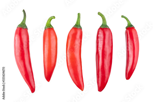 Set of fresh whole red chili pepper isolated on white background. With clipping path. Full depth of field. Focus stacking