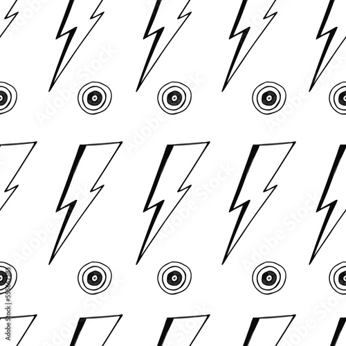 Retro black and white pattern with doodle hand drawn david bowie lightning bolts and circles, 90s vibe 