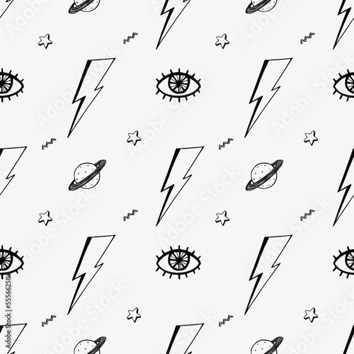 Retro pattern with doodle hand drawn eyes david bowie lightning bolts, 90s vibe 