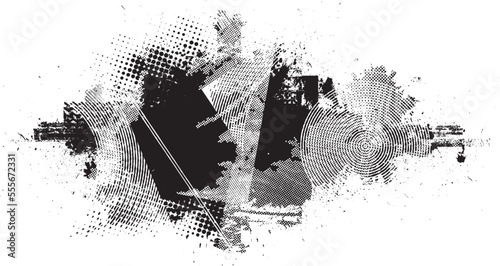 Glitch distorted grunge layer . Noise destroyed texture . Trendy defect error shapes . Overlay grunge texture . Distressed effect .Vector shapes with a halftone dots screen print texture.
