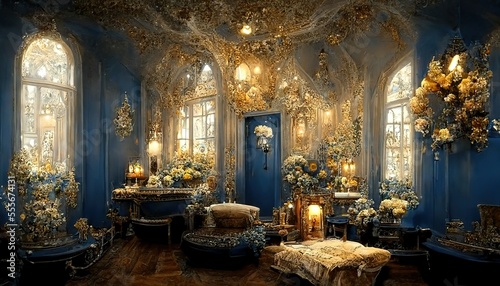 Golden and ultramarine blue interior. Flowers. Baroque style. Generative ai. 