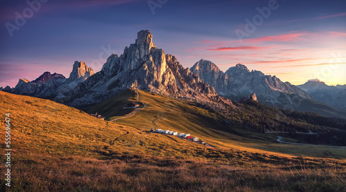 Majestic sunset of the mountains landscape. Wonderful Nature landscape during sunset. Wonderful picturesque scene. color in nature. Giau pass. Dolomite Alps. italy. Travel is a Lifestyle, concept.