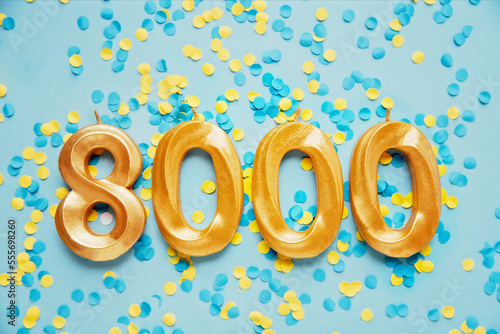 8000 eight thousand followers card. Template for social networks, blogs. on yellow and blue confetti Festive Background media celebration banner. 8k online community fans. 8 eight thousand subscriber