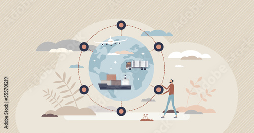 International distribution and global shipping service tiny person concept. Freight cargo carrier company with worldwide export connections using air, sea or land transportation vector illustration.