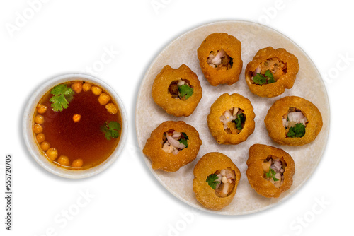 Famous north indian street food pani puri, panipuri, Golgappe or gol gappe chaat item with tamarind water