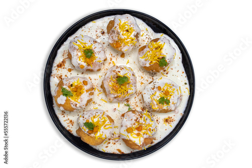 popular north indian chaat item dahi puri, dahi poori, dahi batata puri, dahi bhalle, gol gappa stuffed with potato, yogurt, sev, sprouts from maharashtra, delhi street food menu