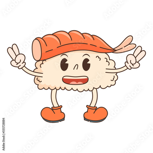 Retro groovy cute sushi character. Asian food. Trendy groovy hippie style. Vibes 70s. Isolated illustration.