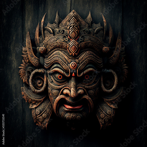 Old wood hindu mask, cracked, used. Image of Hindu God carved on wood. AI generated photorealistic image of an old wooden mask. Digital art