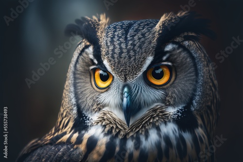  a close up of an owl with yellow eyes and a black background with a blurry background behind it. Generative AI