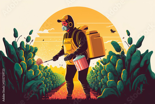 A farmer sprays a herbicide or pesticide on a crop. Man applying fertilizer or chemicals to a plantation. Chemical pest treatment. illustration. Generative AI