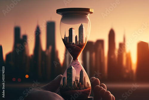 A hand holding an hourglass is seen against a morning skyline with skyscrapers and a cityscape in the backdrop. the idea of contemporary living, commerce, time management, and city life. Generative AI
