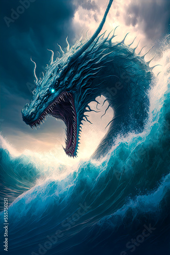 Sea serpent, Leviathan, rising from ocean. Generative AI