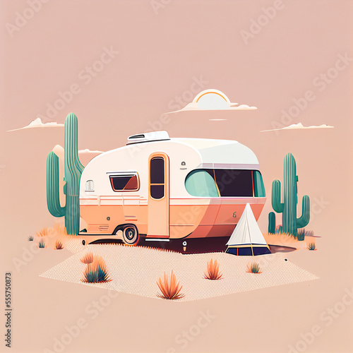 illustration of a caravan camping in the desert, created with Generative AI