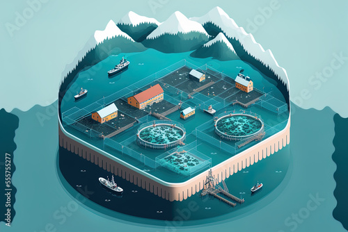 expanding the seafood industry illustration of salmon farm aquaculture technologies with netting cages for open water fish farming. Generative AI