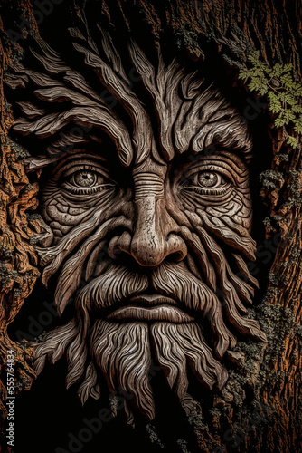 A mysterious face of an old man, god of the ancient ages, in the trunk of an old and magical tree in an enchanted forest. Very realistic graphics with precise details.