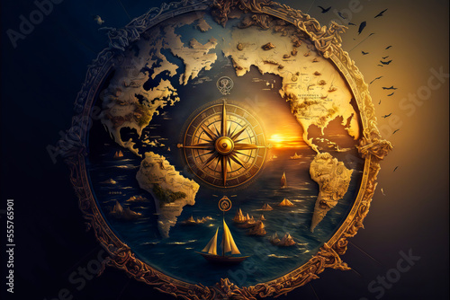 An ancient world map combining elegance and erudition, this image offers a view of a sunset over the ocean perfect to enrich any design. In an antique compass.