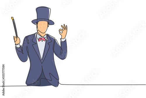 Continuous one line drawing magician with gesture okay wearing hat and holding magic stick ready to entertain audience at television show. Good job. Single line draw design vector graphic illustration