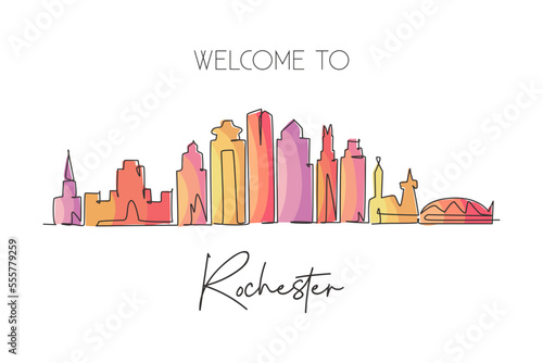 One continuous line drawing of Rochester city skyline, Minnesota. Beautiful landmark. World landscape tourism travel home wall decor poster print. Stylish single line draw design vector illustration
