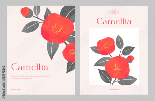 Minimalist floral invitation card template. Red Japanese camellia background, Watercolor style. Cover, card, poster, flyer, banner. Modern art design. Hand drawn. Trendy Flat vector illustration.